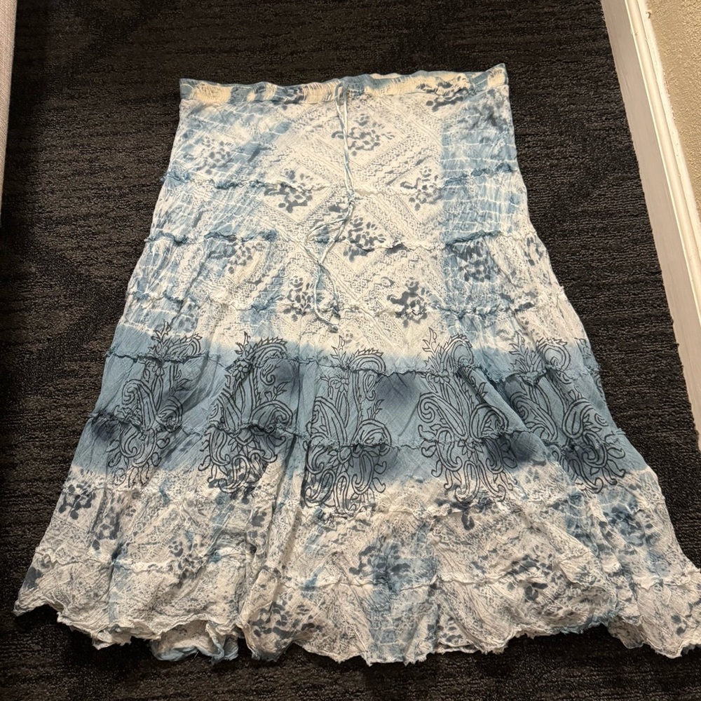 Metrowear‎ Blue & White Ruffle Tiered Maxi Skirt Size L Vintage Y2k Fairy Boho